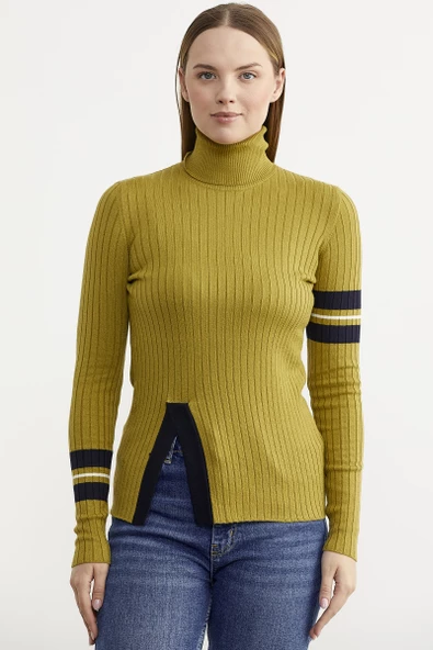 Tam Balıkçı Renk Detaylı Triko Kazak - Yeşil ürün görseli 1