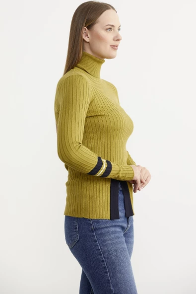 Tam Balıkçı Renk Detaylı Triko Kazak - Yeşil - Resim 4