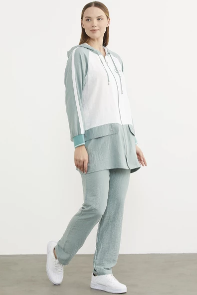 Fermuarlı Tunik Krep Takım - Yeşil - Resim 5