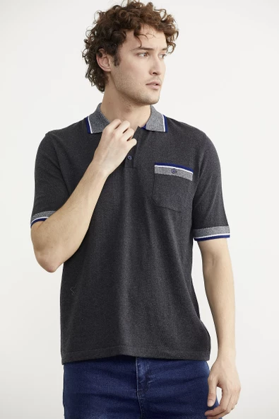 Renk Kombinli Cepli Koton Triko Tişört - Antrasit - Resim 4