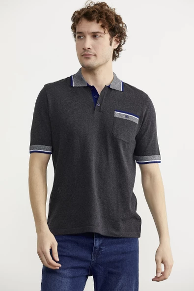 Renk Kombinli Cepli Koton Triko Tişört - Antrasit - Resim 2