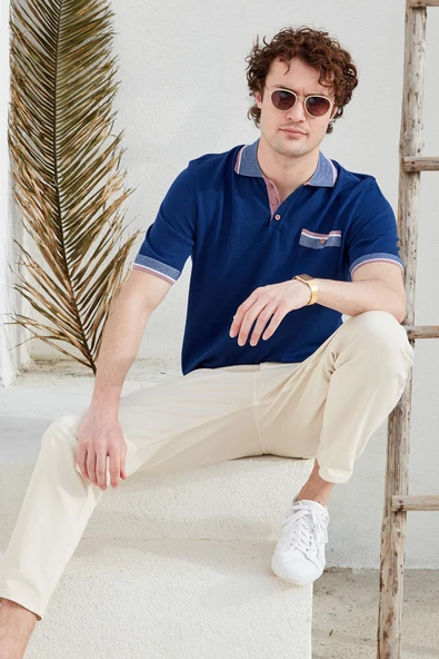 Renk Kombinli Cepli Koton Triko Tişört - Lacivert ürün görseli 1