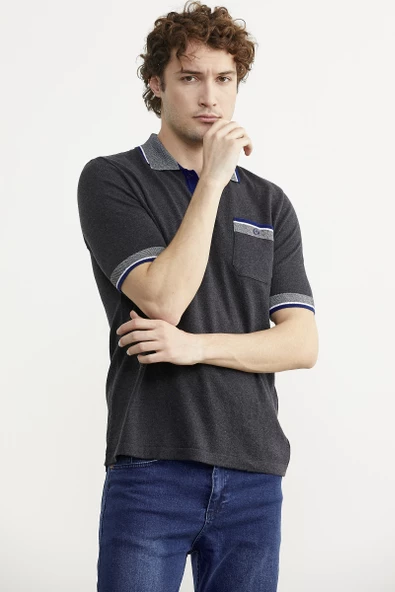 Renk Kombinli Cepli Koton Triko Tişört - Antrasit - Resim 5