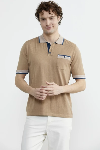 Renk Kombinli Cepli Koton Triko Tişört - Kamel ürün görseli 1