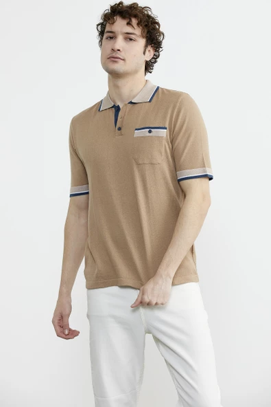 Renk Kombinli Cepli Koton Triko Tişört - Kamel - Resim 4