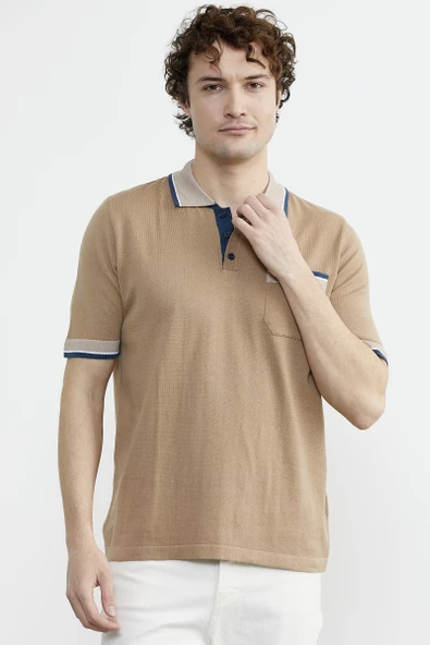 Renk Kombinli Cepli Koton Triko Tişört - Kamel - Resim 3