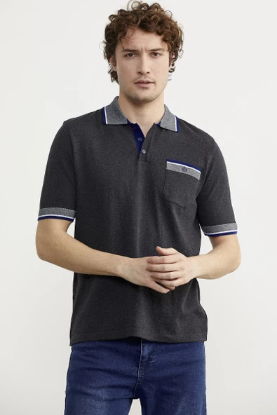 Renk Kombinli Cepli Koton Triko Tişört - Antrasit - Resim 3