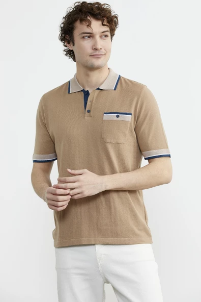 Renk Kombinli Cepli Koton Triko Tişört - Kamel - Resim 2