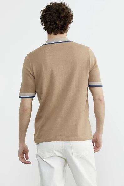 Renk Kombinli Cepli Koton Triko Tişört - Kamel - Resim 6
