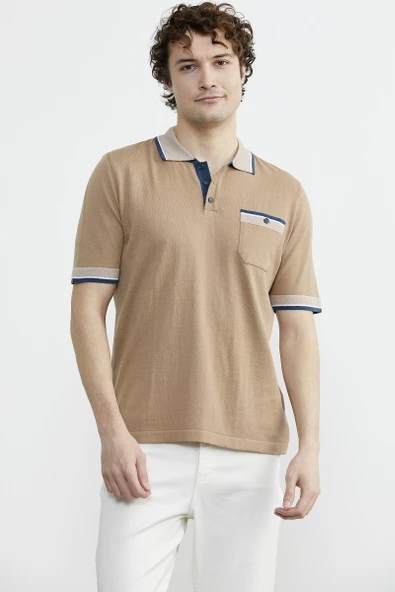 Renk Kombinli Cepli Koton Triko Tişört - Kamel - Resim 5