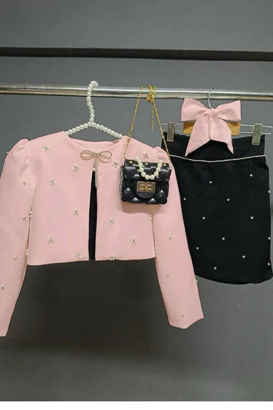 Kız Çocuk Üzeri Taş İşlemeli Etek Askılı Penye Bluz ve Pudra Blazer Ceket Etekli Takım - Resim 2