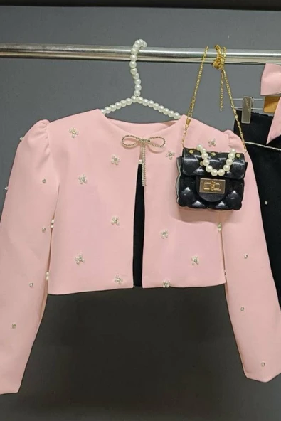 Kız Çocuk Üzeri Taş İşlemeli Etek Askılı Penye Bluz ve Pudra Blazer Ceket Etekli Takım - Resim 3