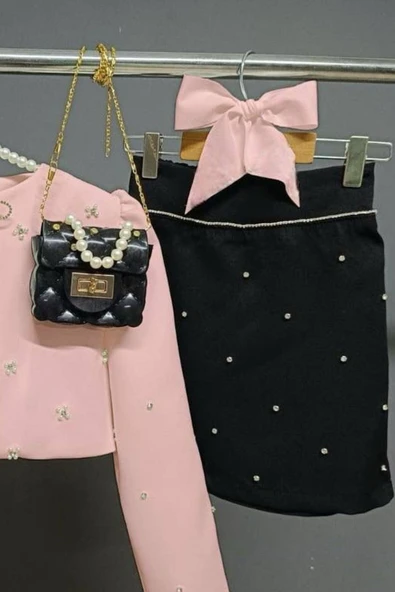 Kız Çocuk Üzeri Taş İşlemeli Etek Askılı Penye Bluz ve Pudra Blazer Ceket Etekli Takım - Resim 4