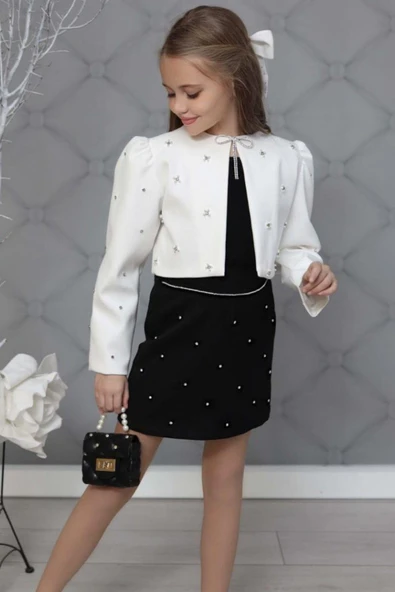 Kız Çocuk Üzeri Taş İşlemeli Etek Askılı Penye Bluz ve Beyaz Blazer Ceket Etekli Takım - Resim 4