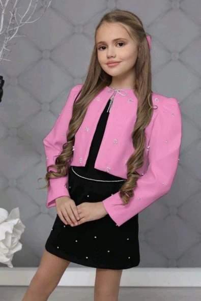 Kız Çocuk Üzeri Taş İşlemeli Etek Askılı Penye Bluz ve Pembe Blazer Ceket Etekli Takım - Resim 2