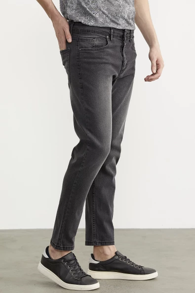 Eskitme Yıkamalı Slim Fit Jean Pantolon - Gri - 4