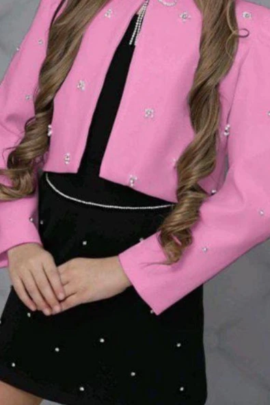 Kız Çocuk Üzeri Taş İşlemeli Etek Askılı Penye Bluz ve Pembe Blazer Ceket Etekli Takım - Resim 4