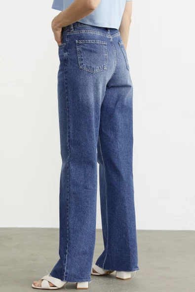 Yüksek Bel Geniş Paça Jean Pantolon - Mavi - 5