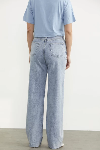 Yüksek Bel Geniş Paça Jean Pantolon - Açık Mavi - 4