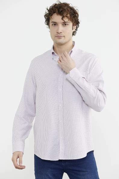 İnce Çizgili Cepli Uzun Kol Gömlek - Kırmızı - Resim 4