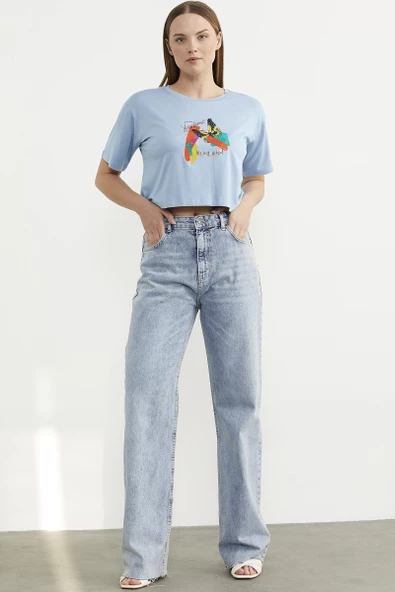 Yüksek Bel Geniş Paça Jean Pantolon - Açık Mavi