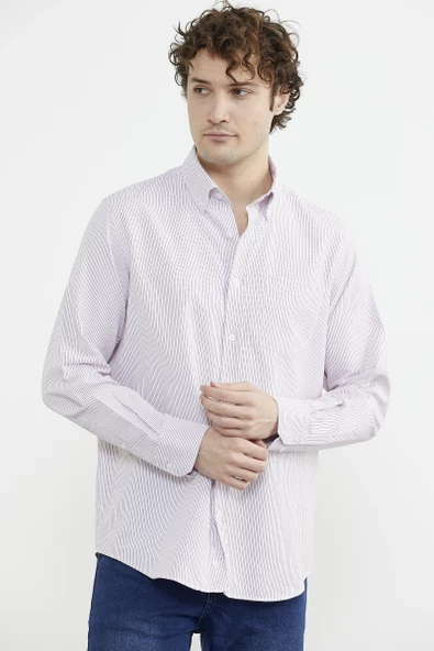 İnce Çizgili Cepli Uzun Kol Gömlek - Kırmızı - Resim 3