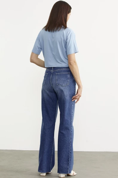Yüksek Bel Geniş Paça Jean Pantolon - Mavi - 6
