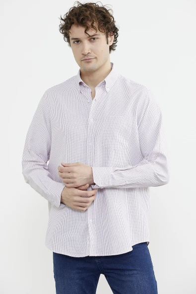 İnce Çizgili Cepli Uzun Kol Gömlek - Kırmızı - Resim 2