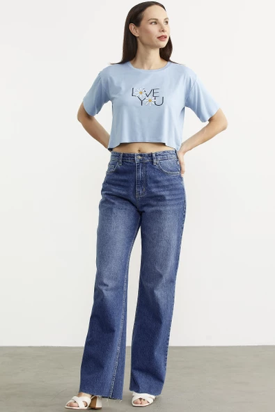 Yüksek Bel Geniş Paça Jean Pantolon - Mavi - 3