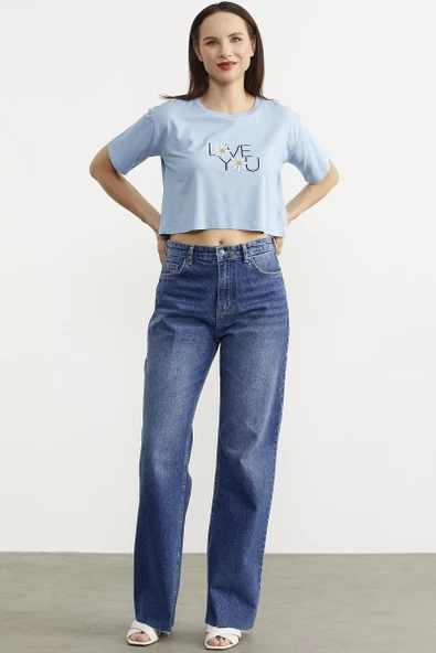 Yüksek Bel Geniş Paça Jean Pantolon - Mavi - 2