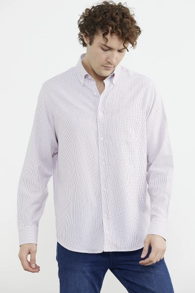 İnce Çizgili Cepli Uzun Kol Gömlek - Kırmızı - Resim 5