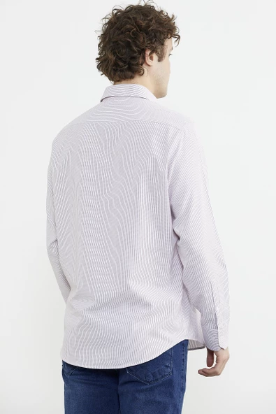 İnce Çizgili Cepli Uzun Kol Gömlek - Kırmızı - Resim 6