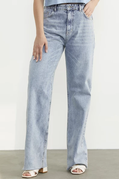 Yüksek Bel Geniş Paça Jean Pantolon - Açık Mavi - 3