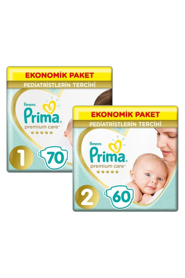 Prima Bebek Bezi Premium Care Yenidoğan 1 Beden 70 Adet + 2 Beden 60 Adet SET