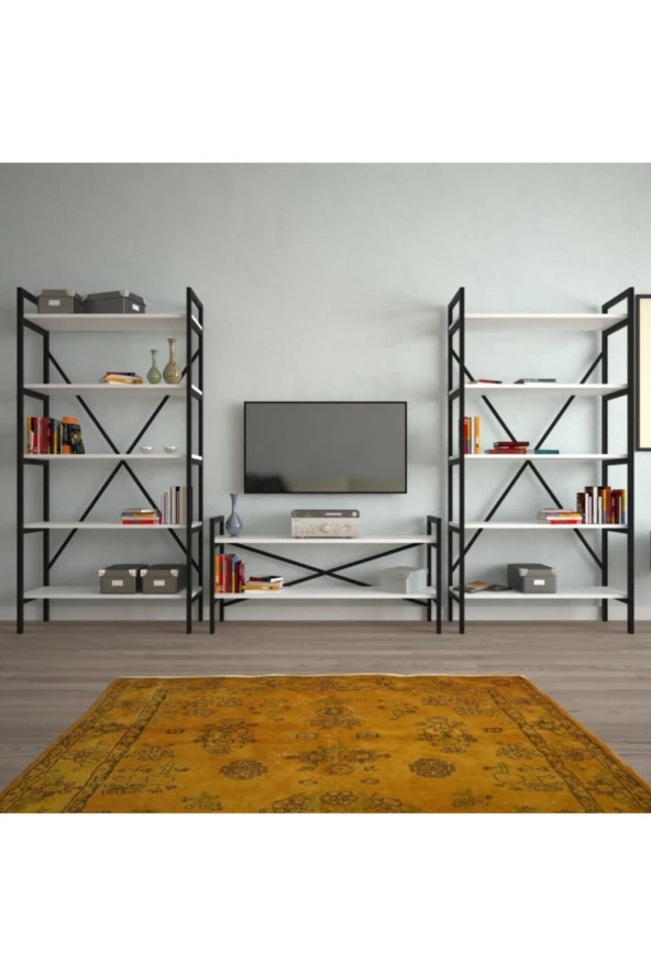 EraHome 2 Raflı Metal Tv Ünitesi + 2 Adet 90 Cm Kitaplık Beyaz