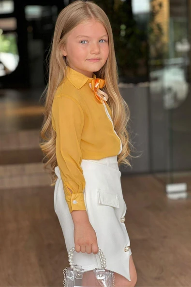 Kız Çocuk Yakası Fiyonk ve Şerit Detaylı Kehribar Gömlek Asimetrik Kesim Etekli Takım - 3