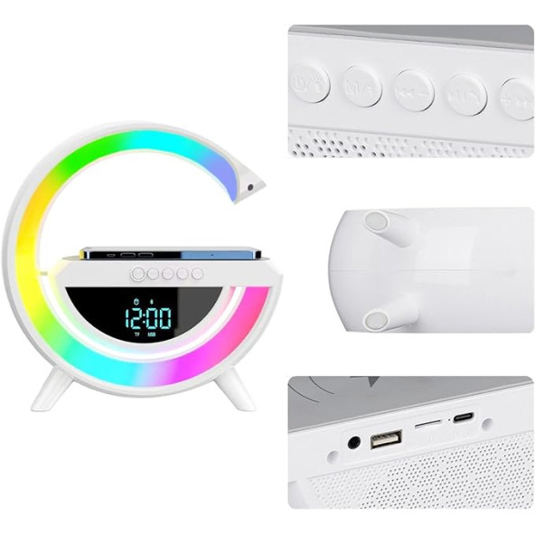 QASUL BLUETOOTH G HOPARLÖR RGB LED IŞIKLI SPEAKER ALARM SAAT FM RADYO AUX USB SD KART WİRELESS ŞARJ - 5