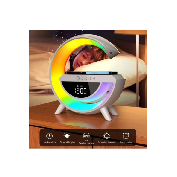 QASUL BLUETOOTH G HOPARLÖR RGB LED IŞIKLI SPEAKER ALARM SAAT FM RADYO AUX USB SD KART WİRELESS ŞARJ - 6
