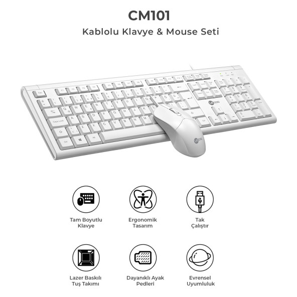 Lecoo CM101 USB Kablolu Türkçe Q Klavye & Mouse Set Beyaz - 3