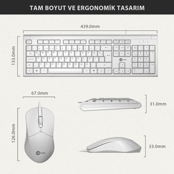 Lecoo CM101 USB Kablolu Türkçe Q Klavye & Mouse Set Beyaz - 5