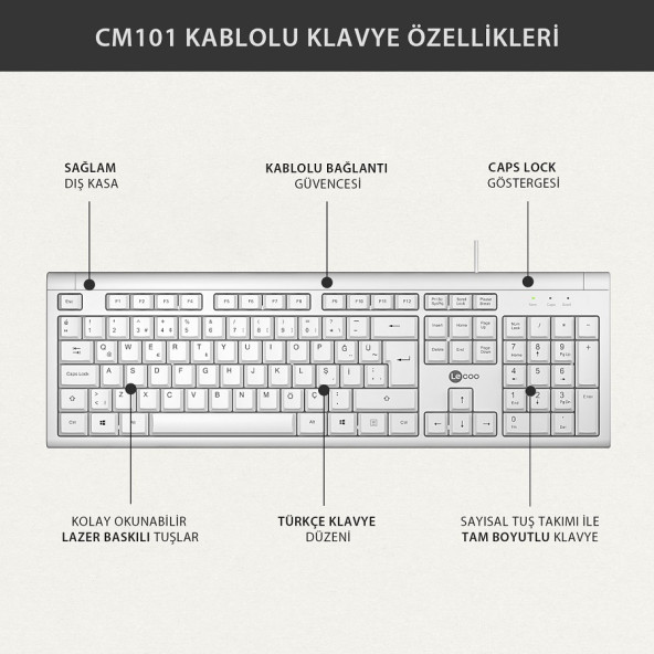Lecoo CM101 USB Kablolu Türkçe Q Klavye & Mouse Set Beyaz - 6