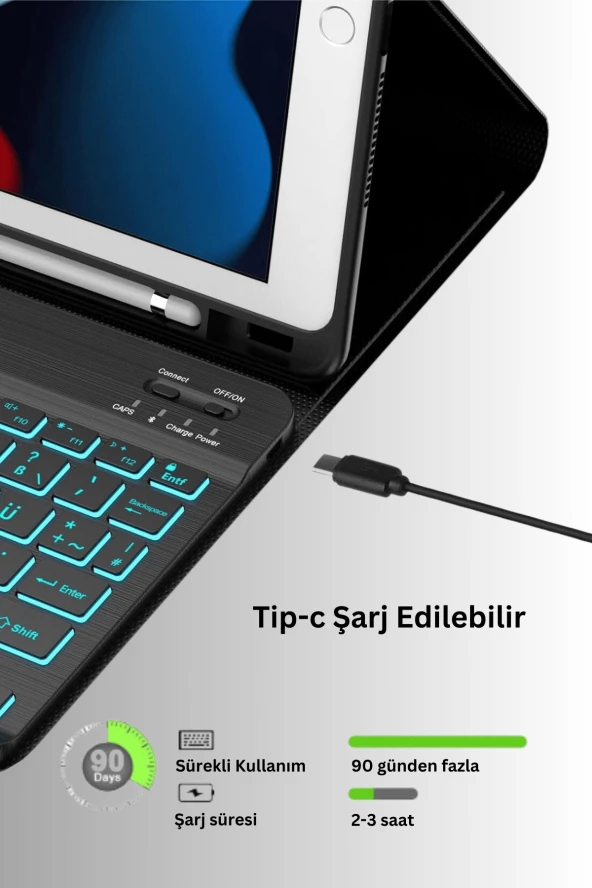 Qpen iPad Pro 11 inç (2018) Uyumlu İnter Ledli Klavyeli Tablet Kılıf - Resim 4