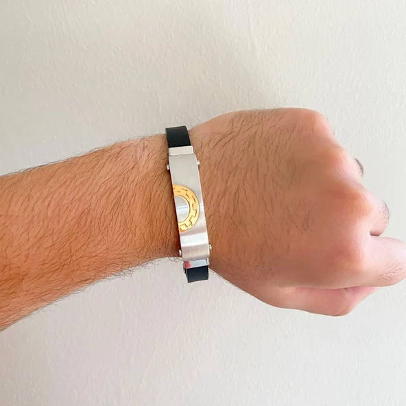 316L Çelik Siyah Deri Çift Renkli Erkek Bileklik EBLK-310 - Resim 2