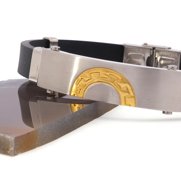 316L Çelik Siyah Deri Çift Renkli Erkek Bileklik EBLK-310 - Resim 4