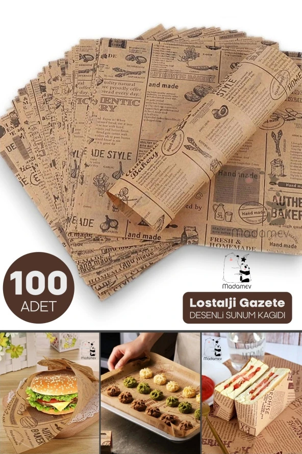 100lü Breakfast Desenli Yağlı Kağıt Vintage Gazete Desen Aparatif Kağıdı Mutfak Servis Sunum Kağıdı