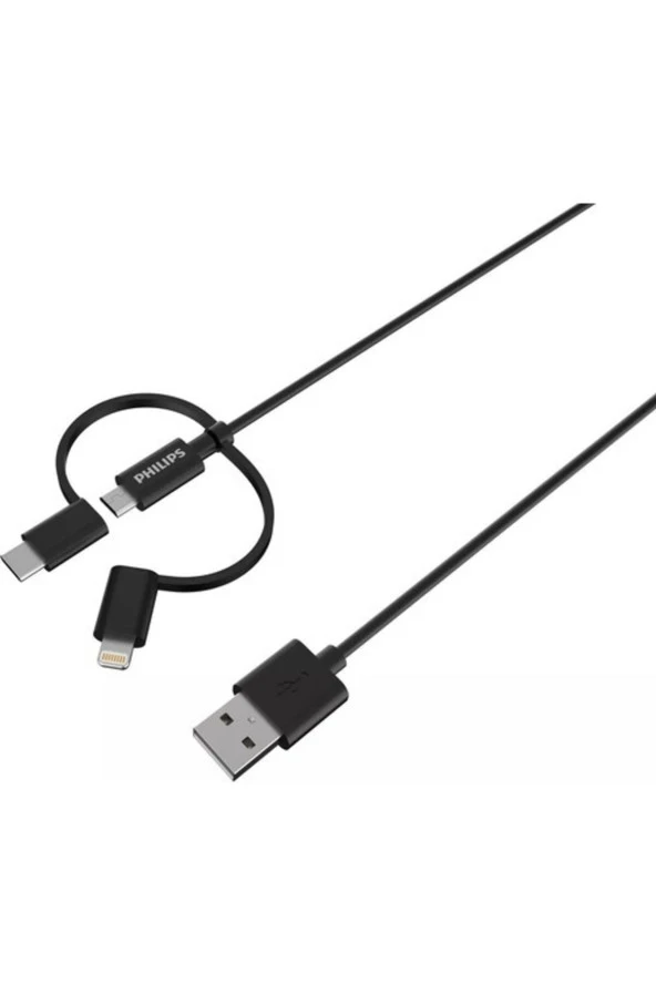 Philips MFI Apple Lisanslı İphone 5 3in1 Micro Usb-Lightining-Type-C Hızlı Şarj ve Data Kablosu 2m Siyah DLC3106T