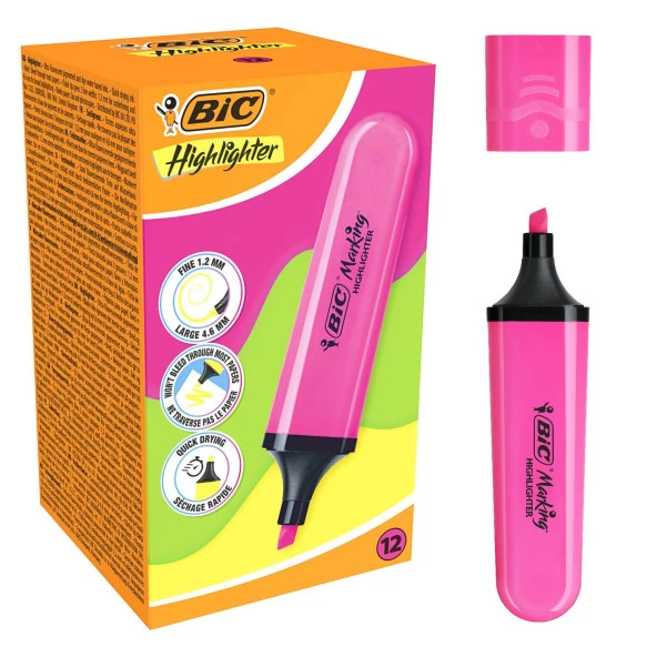 Bic Marking Flat Fosforlu Kalem Pembe 12 Adet