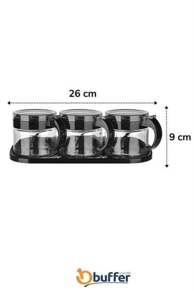 MLN Moda  Siyah 3lü Standlı Kapaklı Kaşıklı Cam Hava Sızdırmaz Baharatlık Takımı KC-386