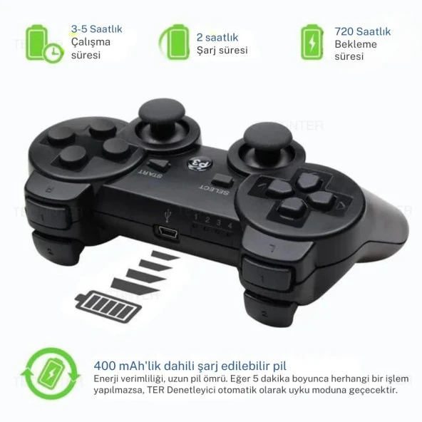 Cosmostech P3 Doubleshock PS3 Playstation 3 için Uyumlu Kablosuz Titreşimli Oyun Kolu Gamepad Joystick Controller Siyah - Resim 5