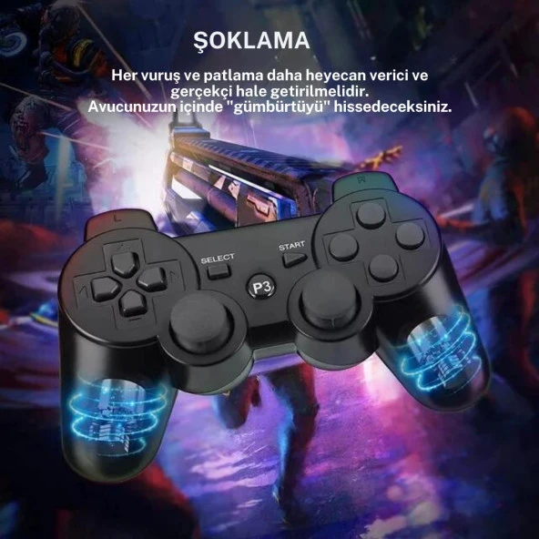 Cosmostech P3 Doubleshock PS3 Playstation 3 için Uyumlu Kablosuz Titreşimli Oyun Kolu Gamepad Joystick Controller Siyah - Resim 7